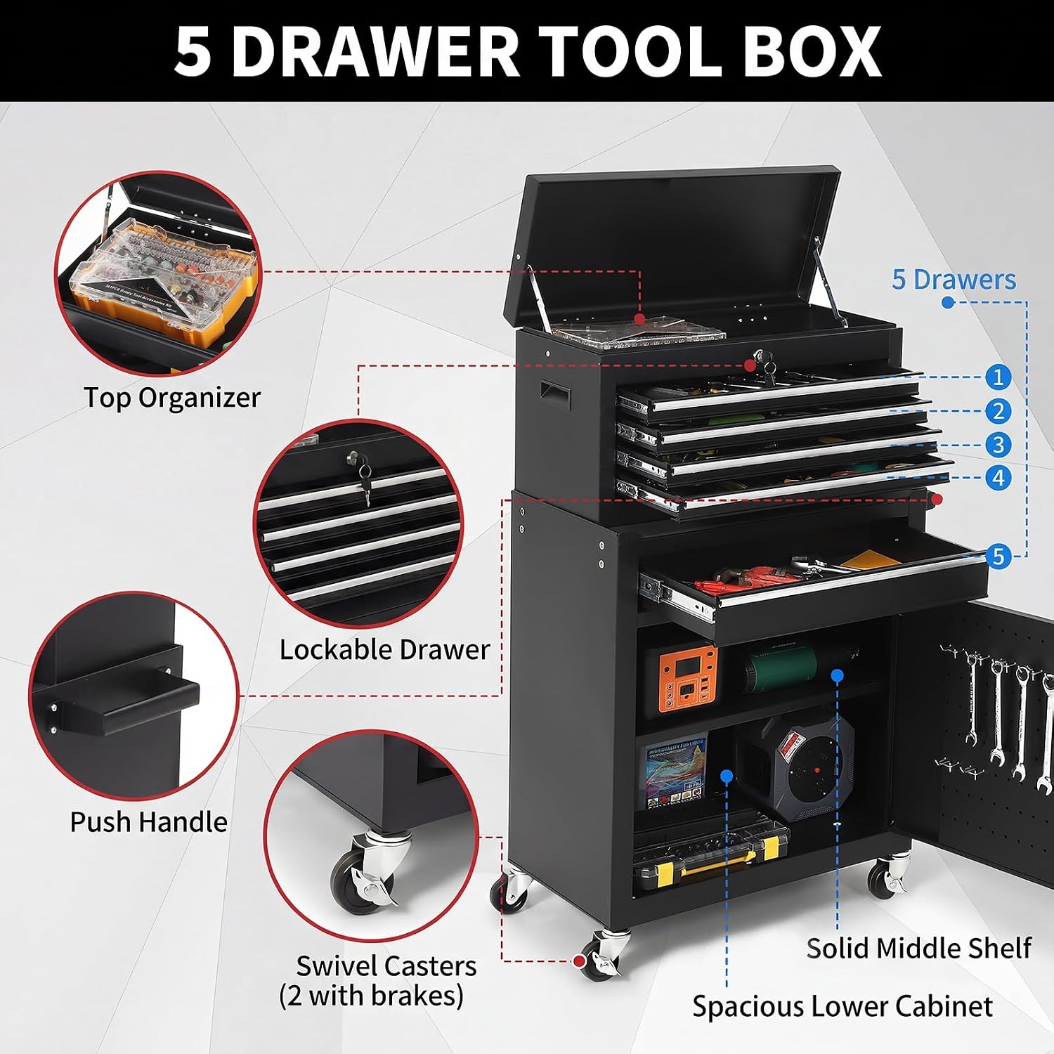 5단 서랍형 이동식 공구 캐비닛, 잠금 가능 탈착식 공 - Tools Trolley For Workshop 리뷰 및 가격